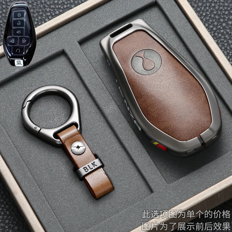 Car Key Case Cover for Denza N9 Smart Remote Key Protector Leather Car Key Case Cover Keychain Zinc Alloy Interior Accessories CM World