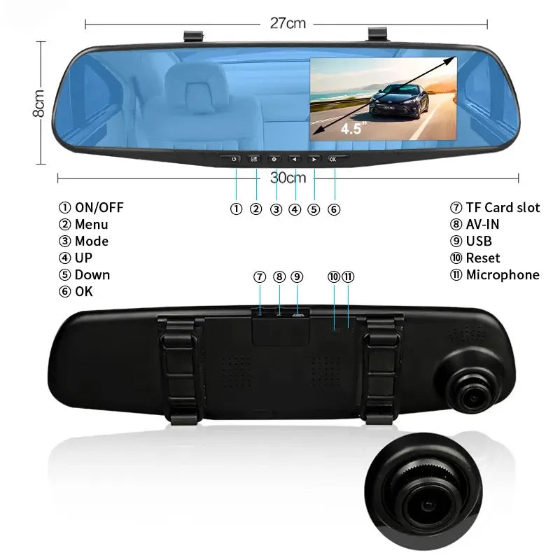 4.5 Inch Mirror Screen Car Dash Cam 1080P Front & Optional Rear Camera Dual Channel DVR Recorder with Auto Mode