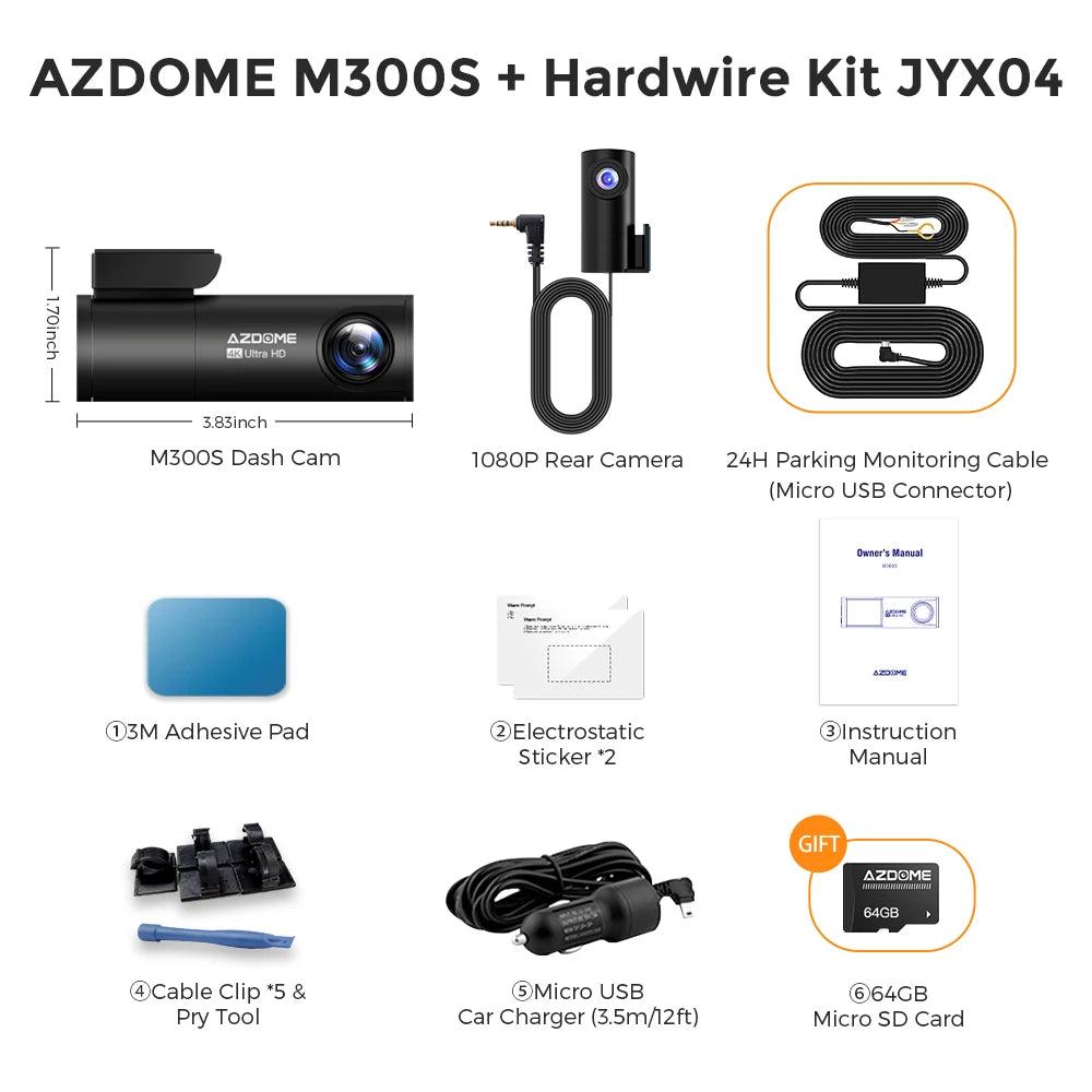AZDOME M300S 4K Dash Cam Front and Rear, 5.8G WiFi GPS Dash Camera for Cars, Free 64GB SD Card, Voice Control, WDR Night Vision Car Mobile World