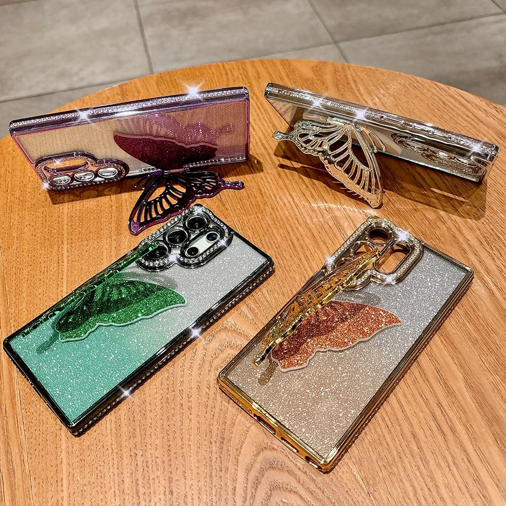 Jewelled Glitter Bling Butterfly Stand Holder Case For Samsung S25 Edge S24 S23 S26 Ultra S22 Plus A73 A54 A16 Shockproof Cover