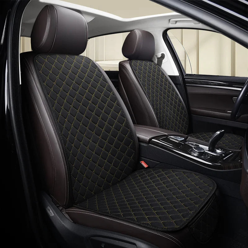 Universal Car Seat Cushion with Backrest Beige Linen Diamond Quilted Four Seasons Breathable Non-slip Auto Seat Cover Protector