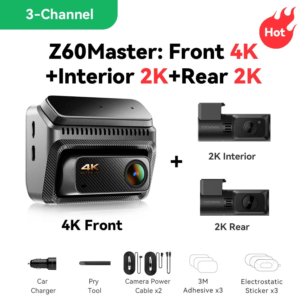 【New】DDPAI Z60Master Dual Dash Cam 4K+2K 2/3 Channel Front and Rear HDR Night Vision WiFi6 GPS ADAS Dash Camera DVR Car Dashcam Car Mobile World