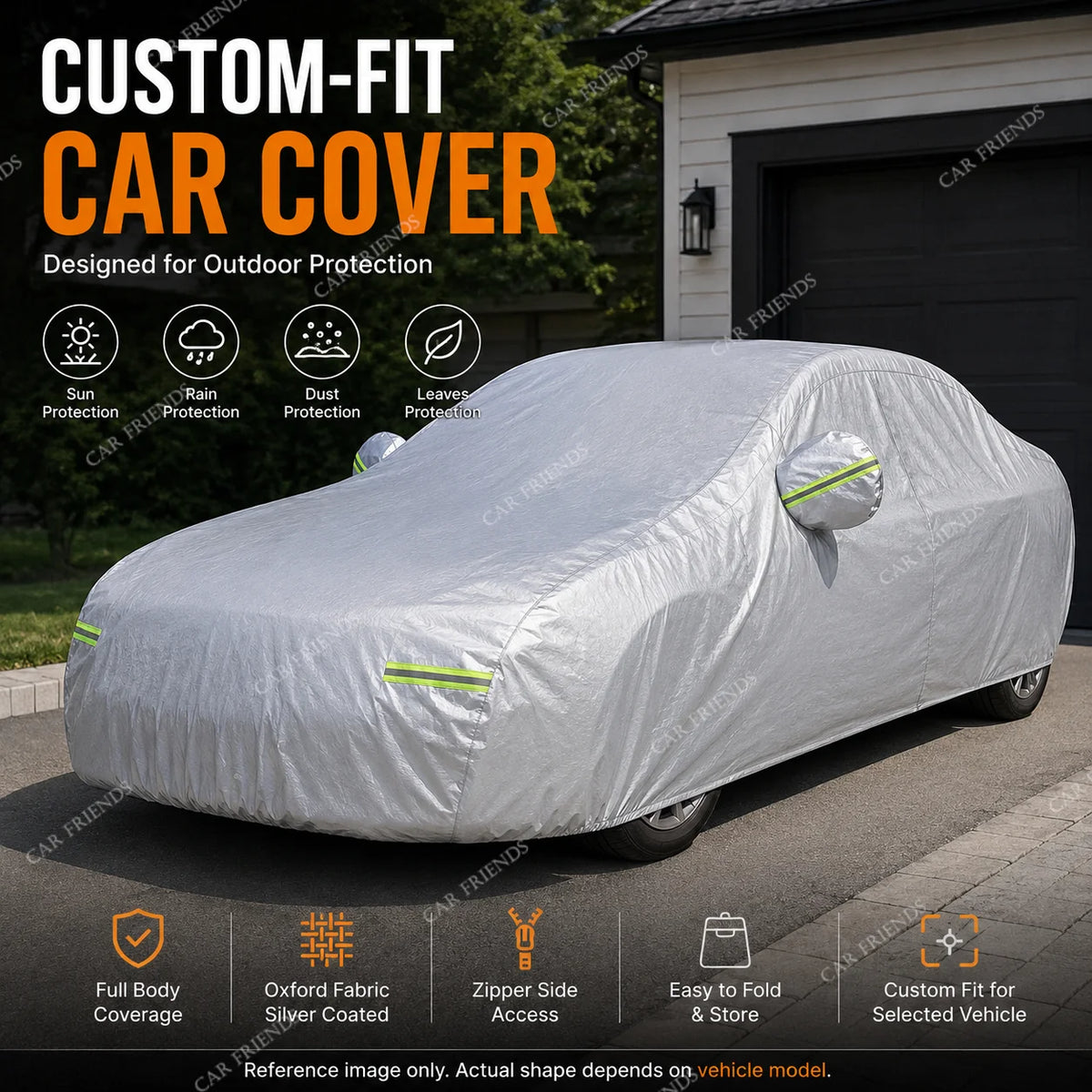 For Kia Picanto Custom Fit Full Car Cover Silver-Coated Oxford Fabric Side Zipper Access Heat Reflective UV Protection Summer