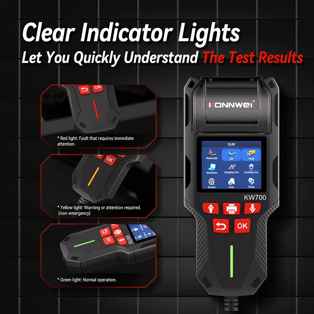 2026 KONNWEI KW700 Professional Car Battery Tester 12V/24V 100-2000CCA With Built-in Print Function Cranking Charging Test Tool