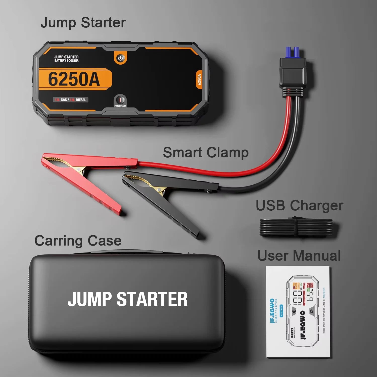 Car 6250A Portable 12V  Jump Starter Power Bank 12V Auto Battery Charger Booster Starting Device For 10.0L GAS/6.5L DIESEL CM World