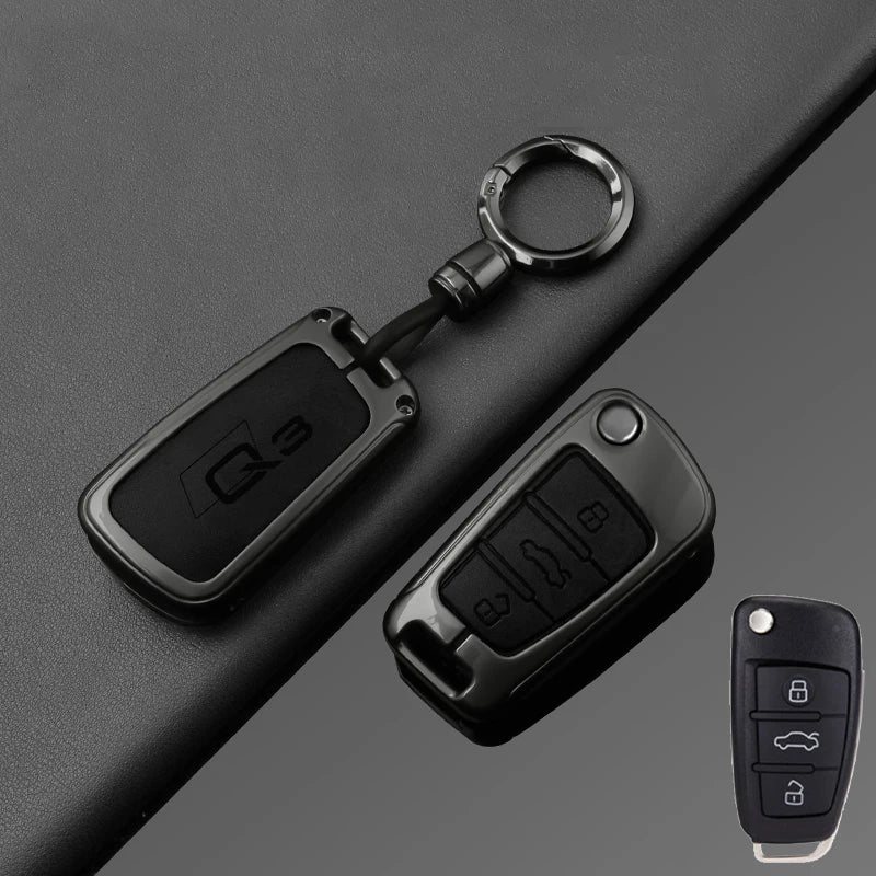 Alloy Leather Car Folding Key Case Cover Shell Holder for Audi Q3 8u f3 S Line Protection Key Cover Keychain Car Accessories
