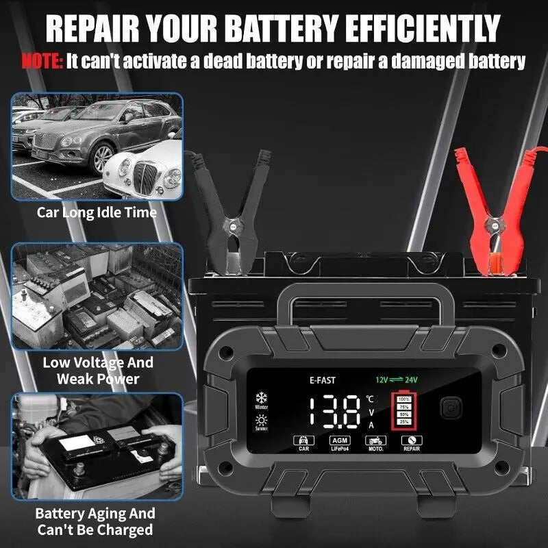 Portable 10A 12V/24V Car Battery Charger for Automotive Use with Smart Protection