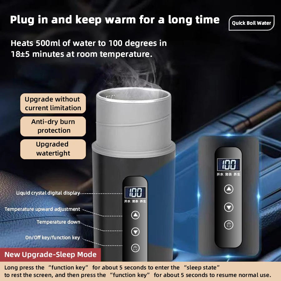 Electric Kettle 12V24V Portable Car Heating Cup 500ml Travel Heating Touch Screen Intelligent Adjustable Temperature Thermal Cup CM World