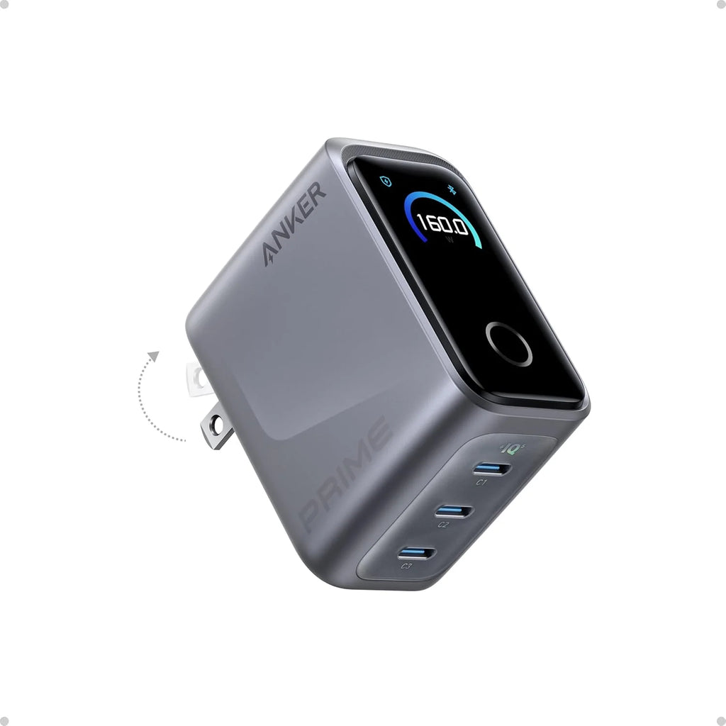 Anker Prime Charger 160W 3 Port Compact GaN USB C Charger Block Smart Display and Touch Control up to 140W Single Port Charging