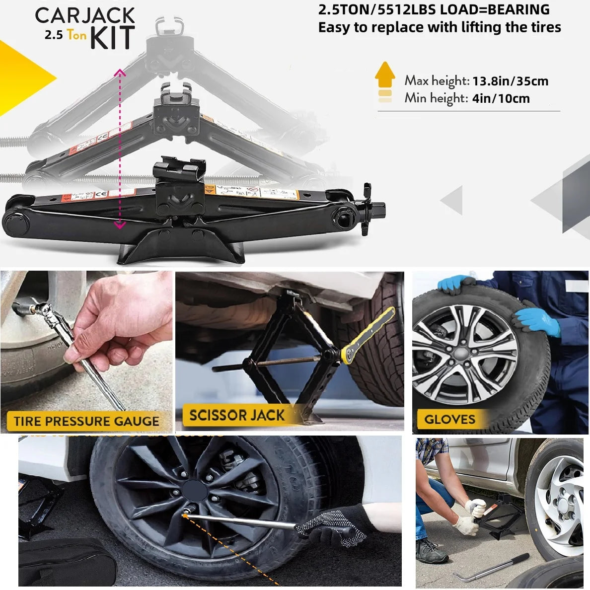 2.5 Ton Car Jack Kit Scissor Jack 5511 lbs Tire Jack Tool Universal Car Emergency Kit with Lug Wrench Tire Changing for Car SUV CM World