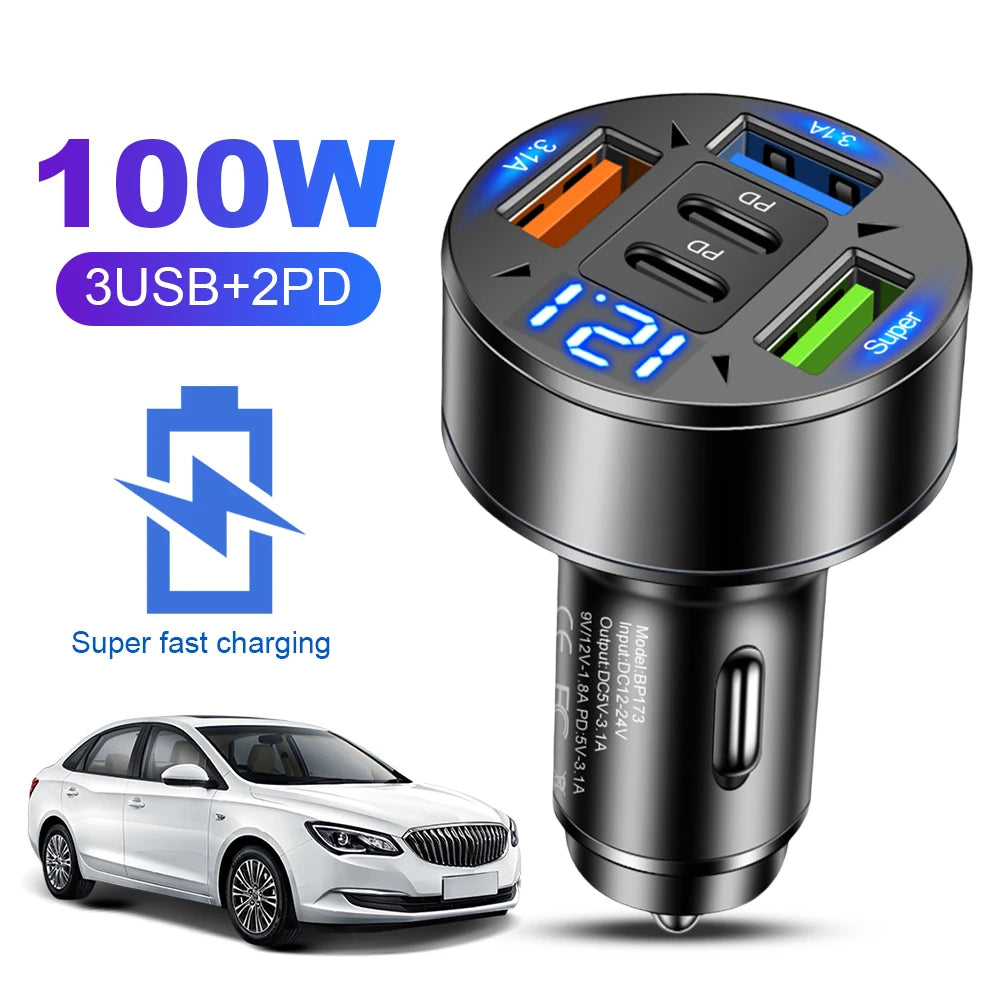 100W 5 Ports Car Charger Fast Charging PD QC3.0 USB C Car Phone Charger Adapter With Voltage 12V-24V Cigarette Lighter for Car Car Mobile World