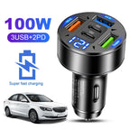 100W 5 Ports Car Charger Fast Charging PD QC3.0 USB C Car Phone Charger Adapter With Voltage 12V-24V Cigarette Lighter for Car Car Mobile World