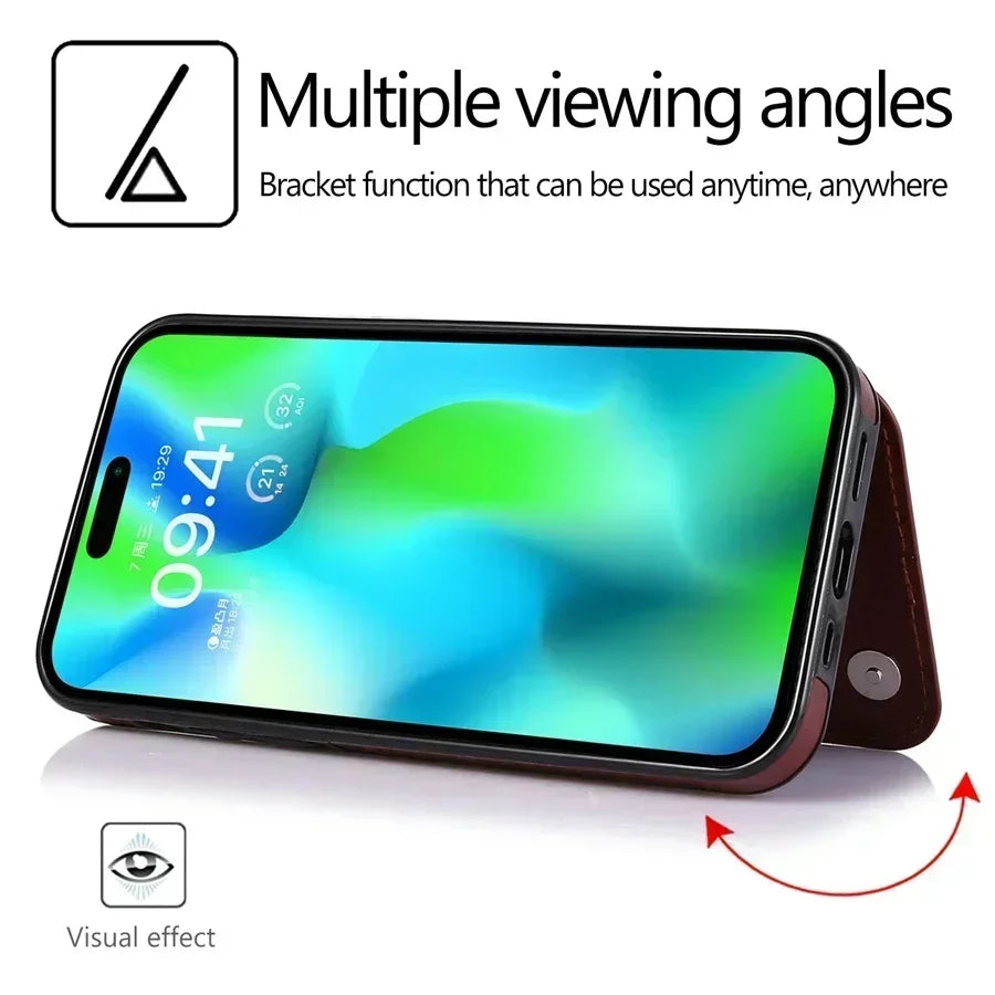 Wallet Double Button With Card Slot Stand Flip Leather Case For iPhone 16e 16 Pro Max 15 Plus 14 13 12 Mini 11 SE3 SE2 X XR 8 7