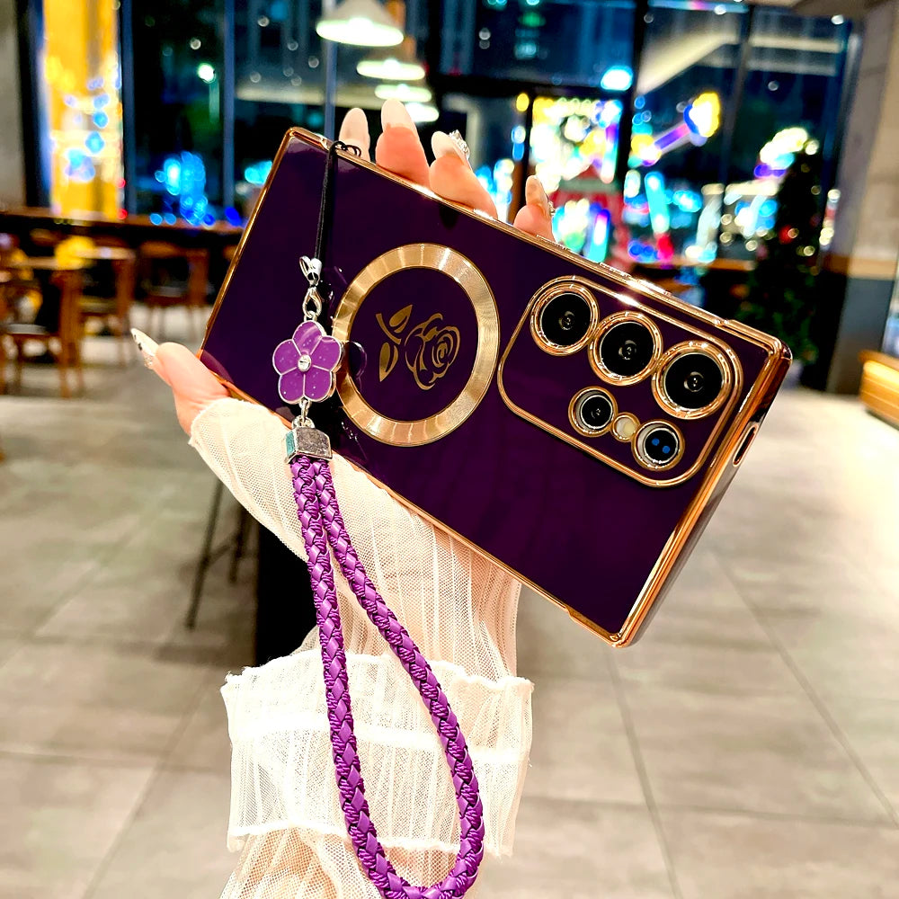 Plating Soft TPU Rose Case For Samsung Galaxy S26 S25 S24 S23 S22 S21 Ultra Plus S25Ultra Magsafe Charge Cover Lanyard Bracelet