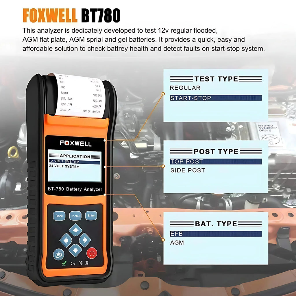 FOXWELL BT780 12V Car Battery Tester capacity AGM/GEL/EFB Analyzer with Built-in Printer Car Battery Monitor CCA/SOC/SOH Test CM World