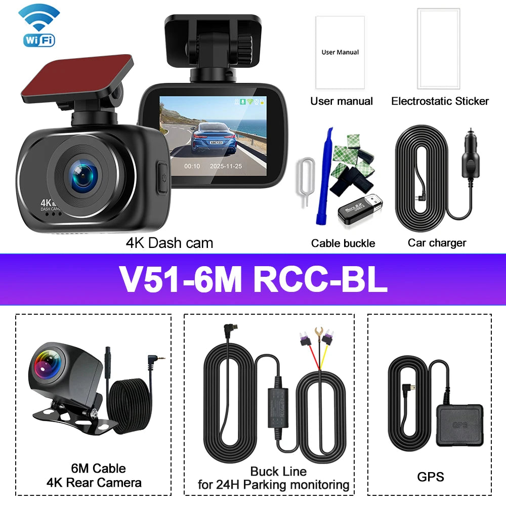 Kocam 4K Dashcam Car Dvr Dual 4K Dash Cam Support 4K Rear Camera WIFI GPS Night Vision 24H Parking Monitoring Black Box Car Mobile World