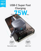 Anker A2738 Nano 75W USB-C Car Charger Built-in Retractable Type-C Cable Fast Car Adapter for iPhone Samsung MacBook Car Mobile World