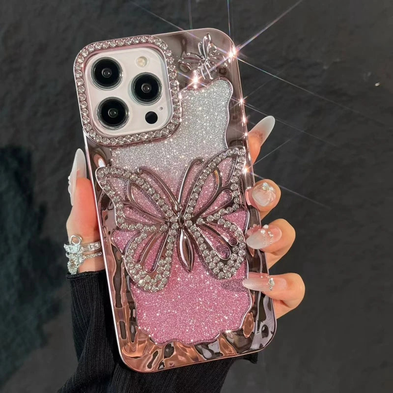 Luxury Soft Butterfly Diamond Phone Case For iPhone 11 12 13 14 15 16 17 Pro Max Plus Air Glitter Bumper Back Cases Cover
