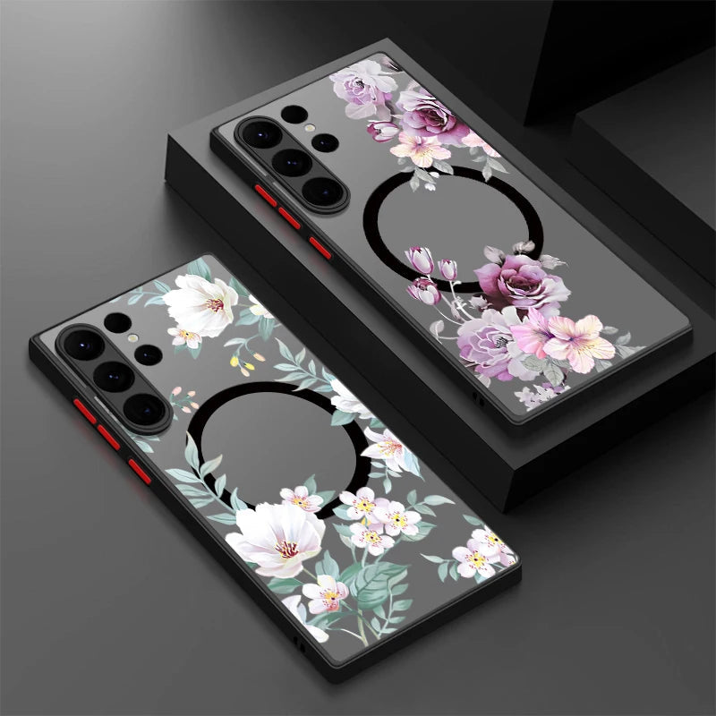 For Samsung Galaxy A57 A37 A17 A55 A54 A56 A25 S25 S26 Edge S24 S23 S22 Ultra Plus S25 FE Flower Case Magnetic For Magsafe Cover Car Mobile World