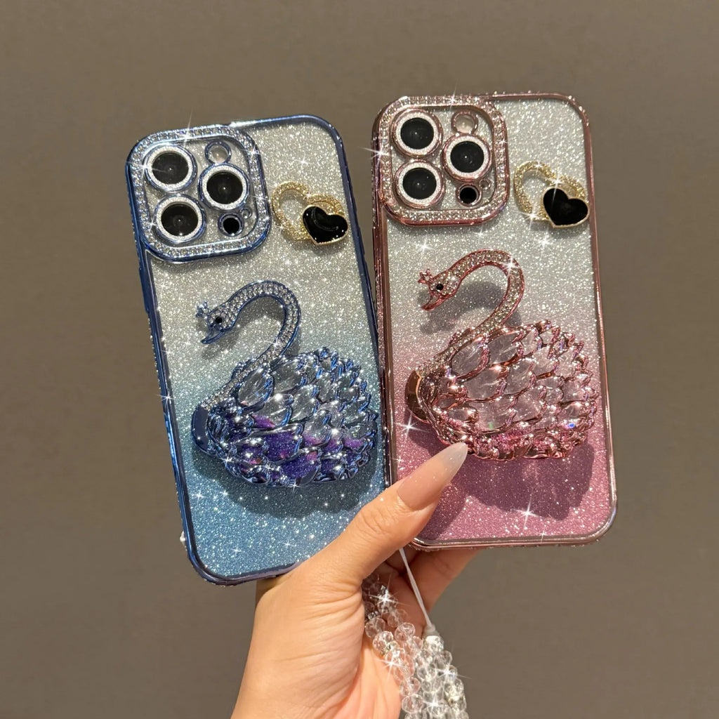 The heart-shaped glitter swan Sand stand is suitable for iPhone17 16 14 13 12 15 11promax phone cases with a pendant