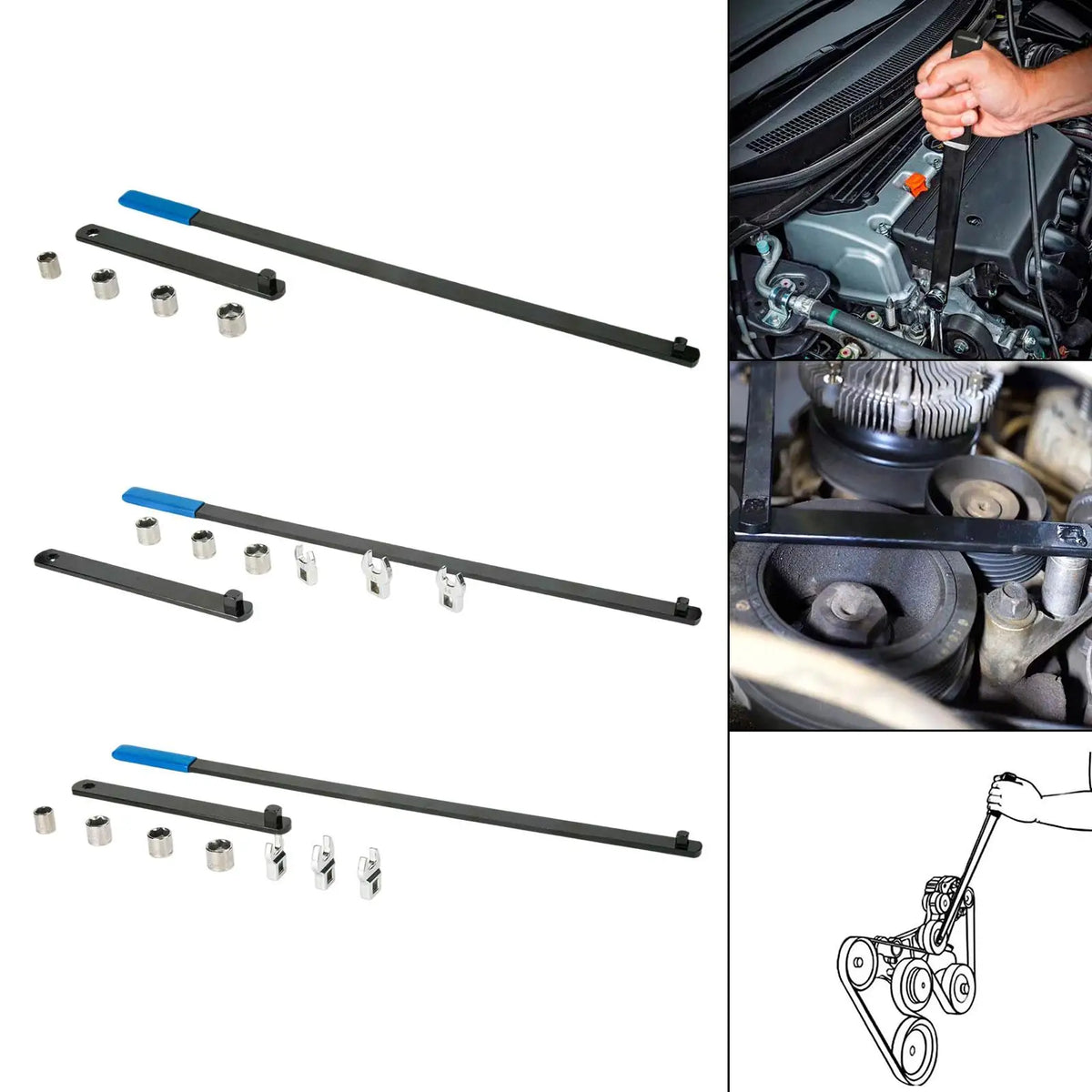 Adjustable Engine Belt Tension Setting Tool Pulley Wrench Complete Set for Car Mechanics and DIY
