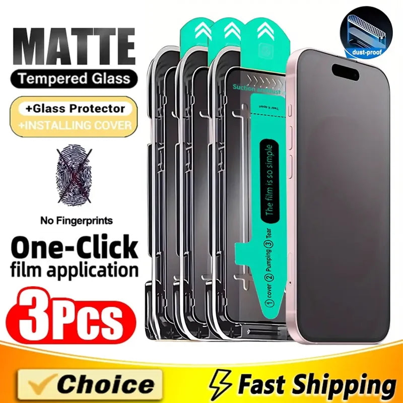 3Pcs Oleophobic Coating Dust Free Easy Installation Matte Screen Protector For iPhone 16 14 13 12 11 15 17 Pro Max XS X XR Glass