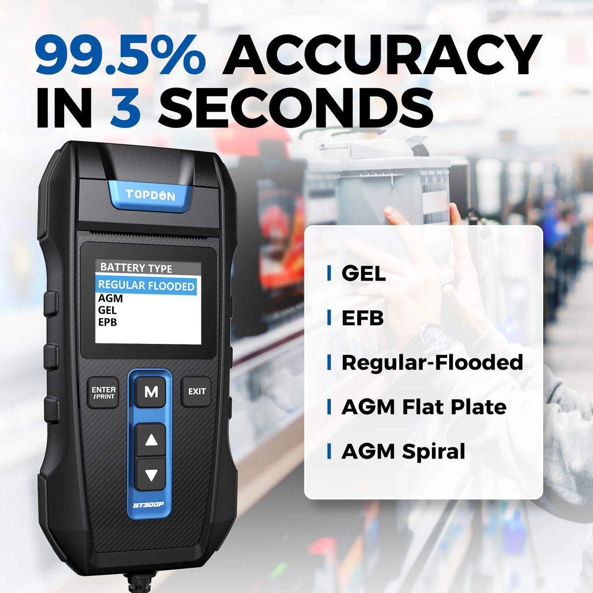 TOPDON BT300P 12V Car Battery Tester with Printer Battery Load Test for Motorcycle Auto Charging Cranking Battery Analyzer