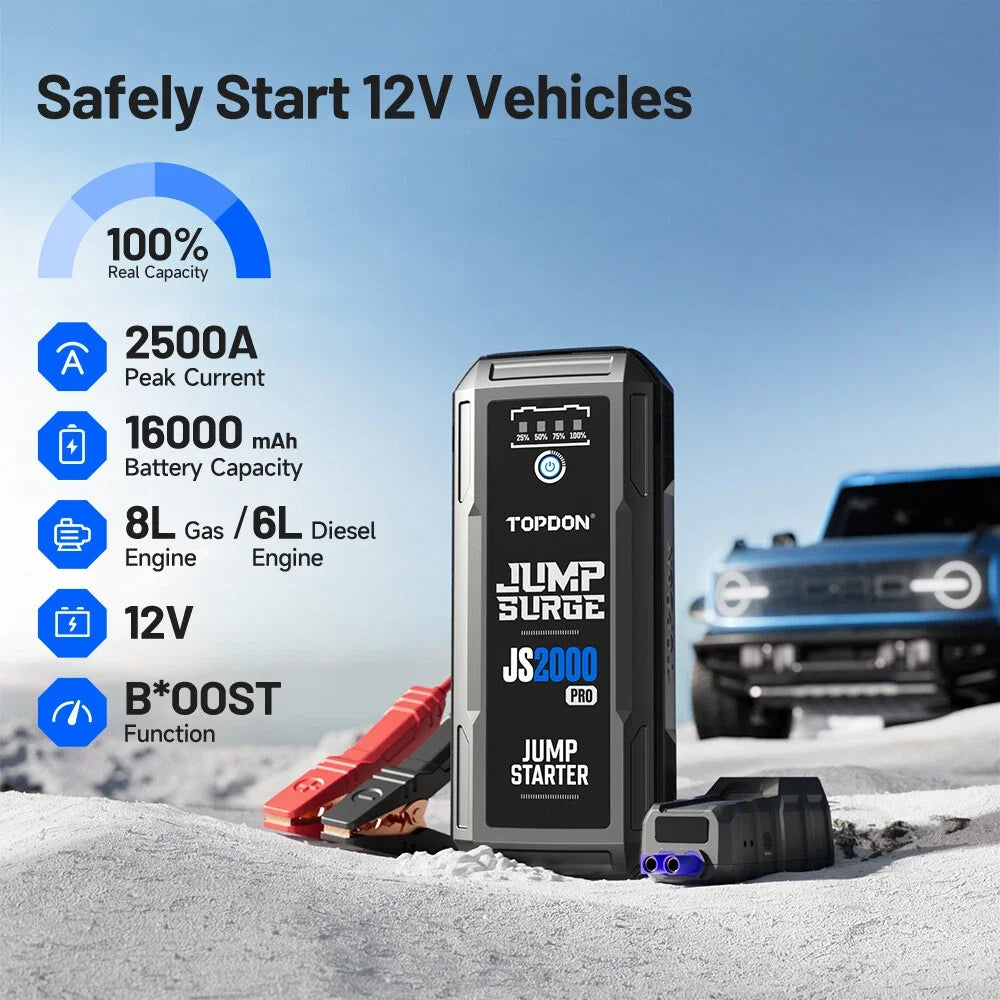 Topdon JS2000PRO 2500A Jump Starter Power Bank 12V Car Starting Device 16000Mah Battery Jump Start for Car Booster