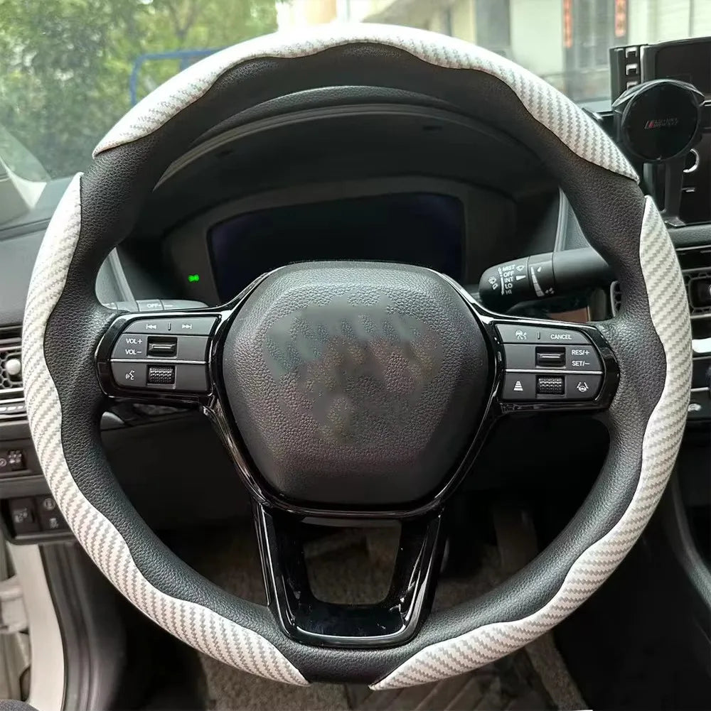 3PCS Laser Carbon Fiber Silicone Car Steering Wheel Cover 1K Micro Fiber Leather PVC Wheel Booster Cover Non-Slip Universal CM World