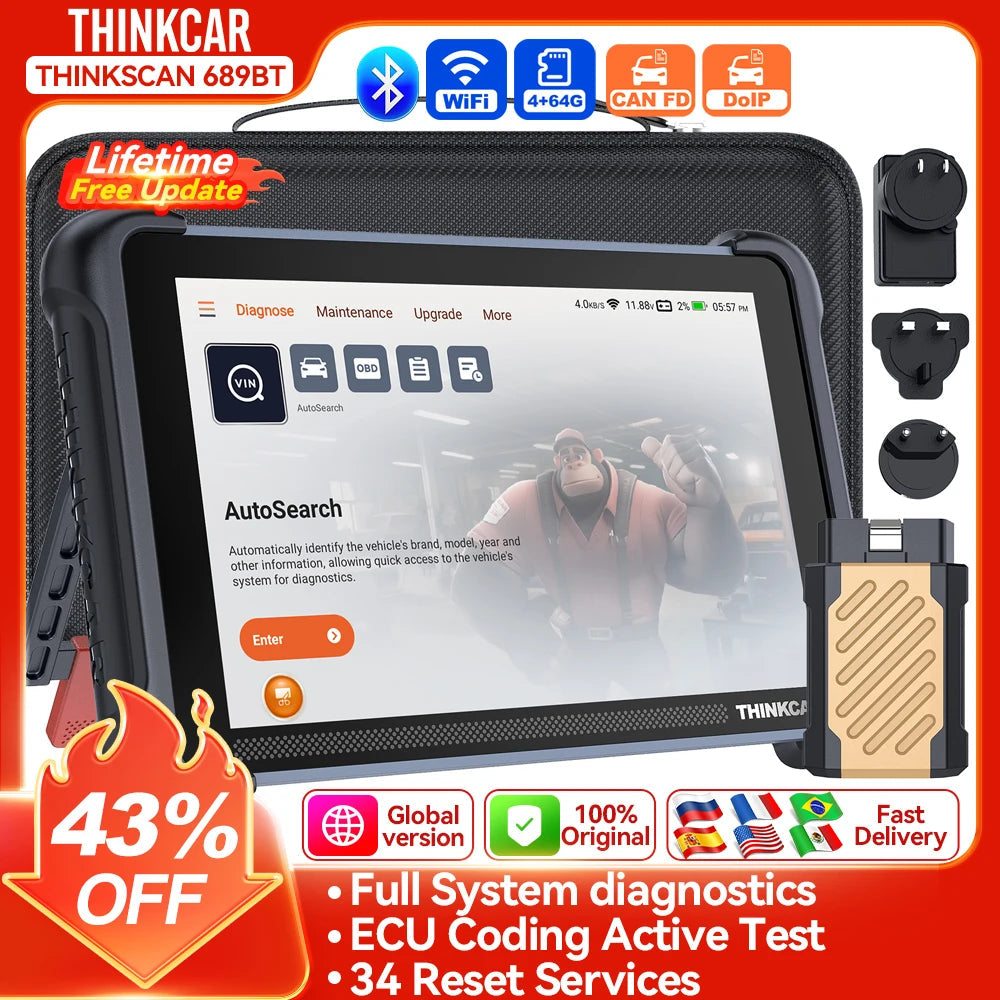 THINKCAR THINKSCAN 689BT CANFD DOIP OBD2 Diagnostic Tool 34 Reset Car Scanner Full System ECU Coding Bi-Directional Control Scan Car Mobile World