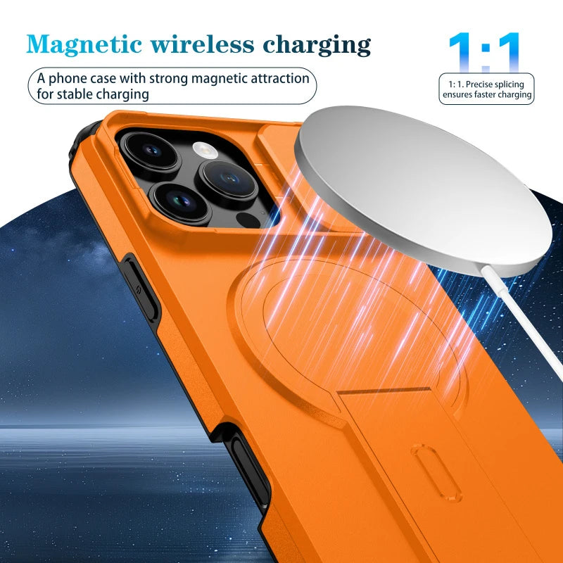 Shockproof Armor Bracket Magnetic Case for iPhone 17 16 E 15 14 13 11 12 Pro Max Mini For Magsafe Sliding Camera Protect Cover