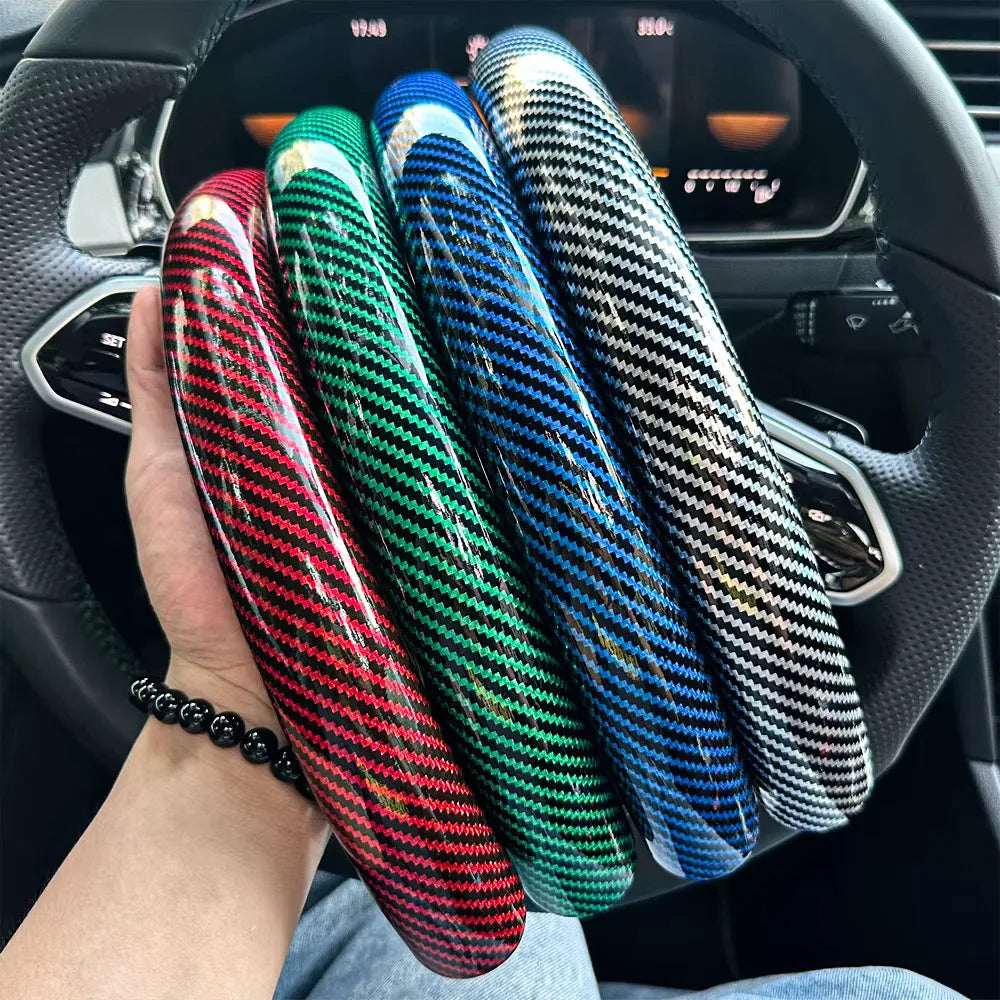 3PCS Laser Carbon Fiber Silicone Car Round Steering Wheel Cover Fiber Leather Wheel Booster Auto Cover Non-Slip Universal parts CM World