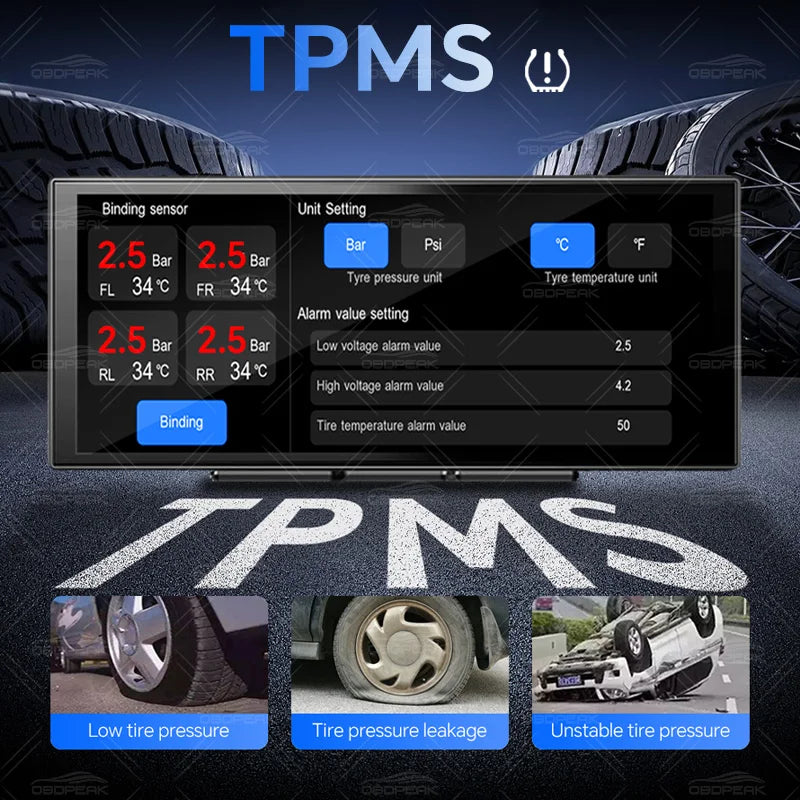 11.3" K5 Pro TPMS Sensors 4K Rear View Dash Cam Carplay & Android Auto WiFi AUX BT Car Drive Recorder GPS Navigation Dual Lens
