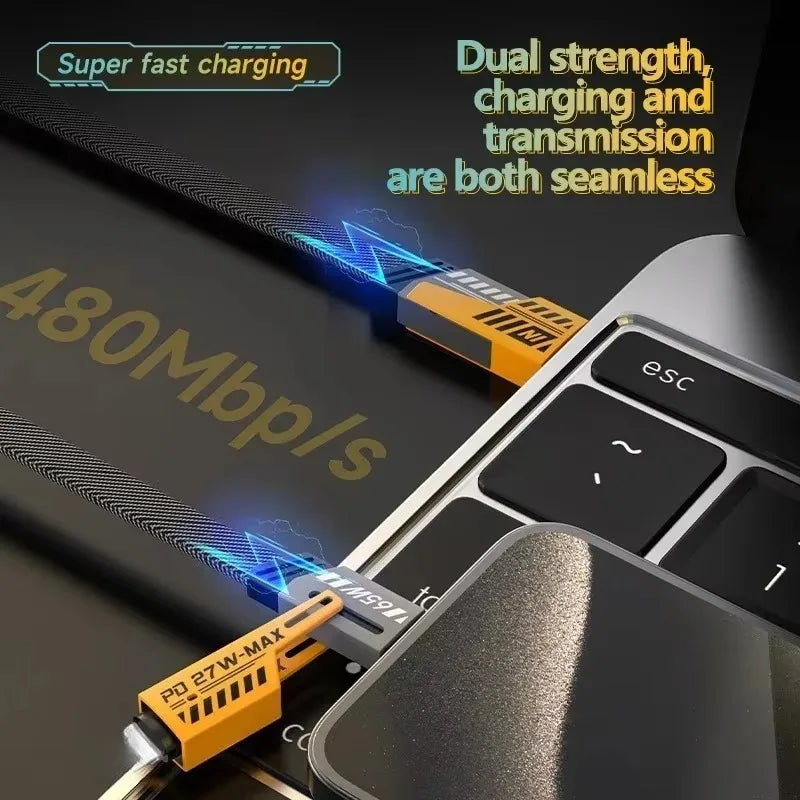 2PCS 4 in 1 Mecha Fast Charging Data Cable Cord PD 27W For iPhone 15 Samsung Xiaomi 65W USB Type C Multi Port Charge Wire Line