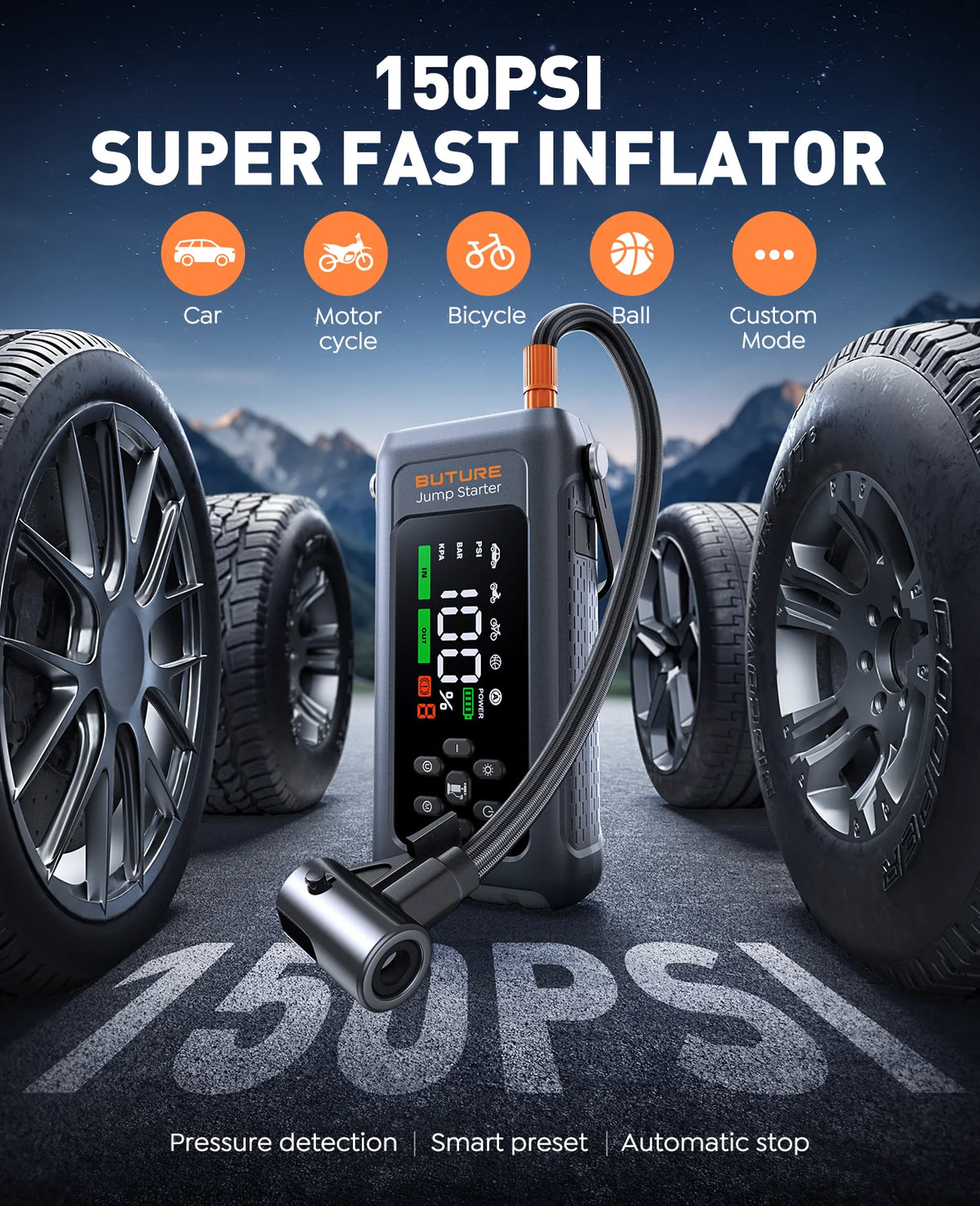 BUTURE 4 in 1 4500A Jump Starter 150PSI Tire Inflator Pumps 18W Fast Charging 16000mAh Portable Power Bank Car Starting Device