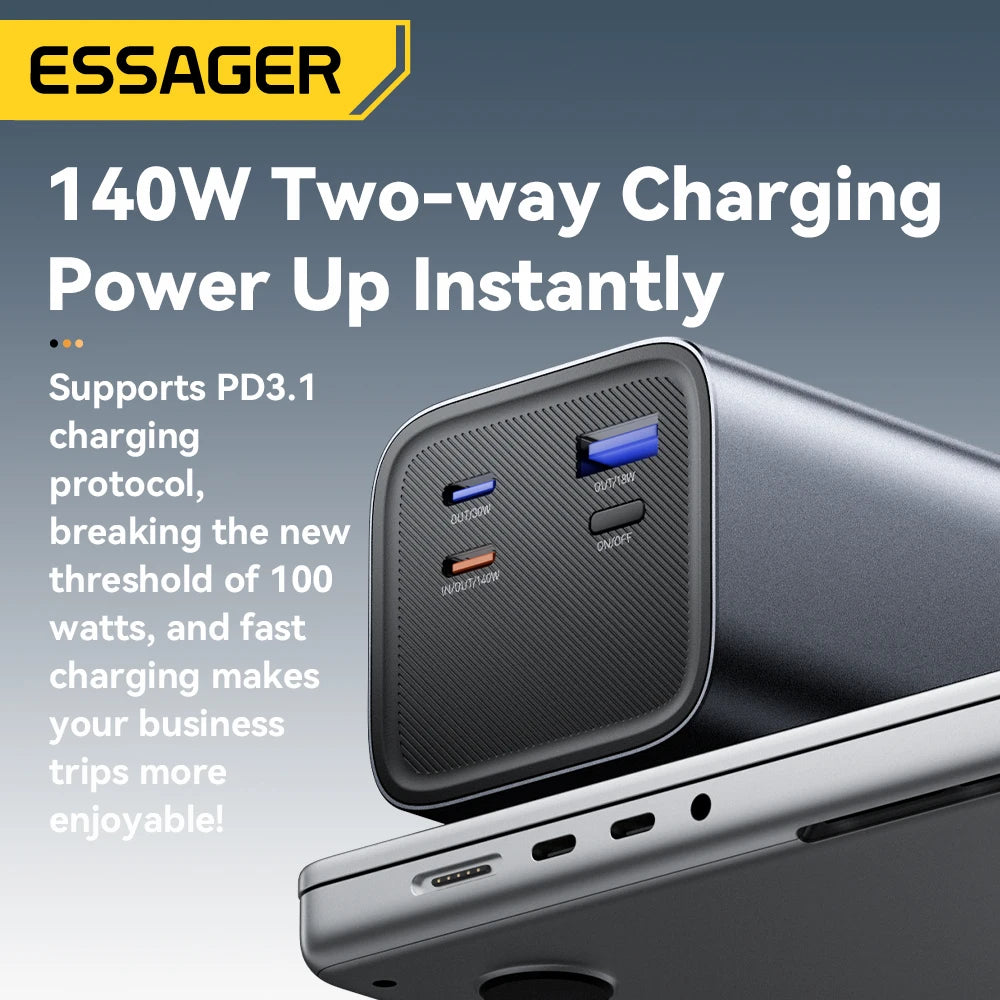 ESSAGER 140W Power Bank 27000mAh PD3.1 Super Fast Charging Digital Display Portable PowerBank for Macbook Laptop iPhone 17 16 15 Car Mobile World