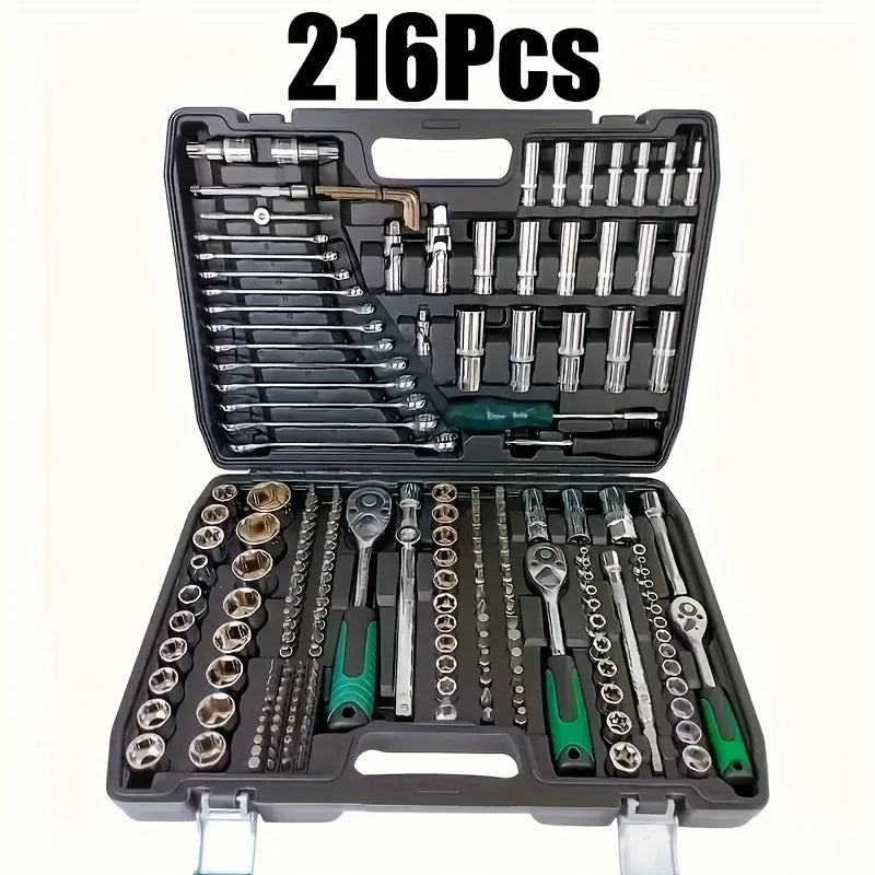 216-Piece Professional Socket Set - 1/2" 3/8" 1/4" Drive SAE & Metric, 72-Tooth Ratchet for Automotive & Home Repair CM World