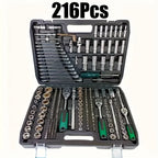 216-Piece Professional Socket Set - 1/2" 3/8" 1/4" Drive SAE & Metric, 72-Tooth Ratchet for Automotive & Home Repair CM World
