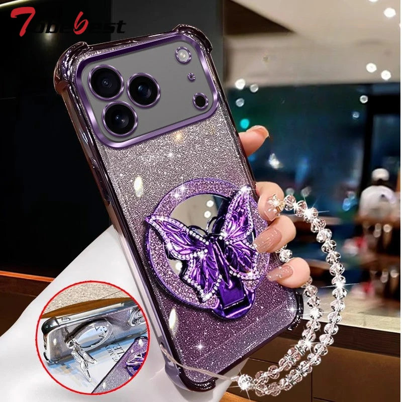 Glitter Butterfly Mirror Crystal Bracelet Case for IPhone 17 Air 16 16E 15 14 Plus 13 12 11 Pro XS Max XR X  Shockproof Cover