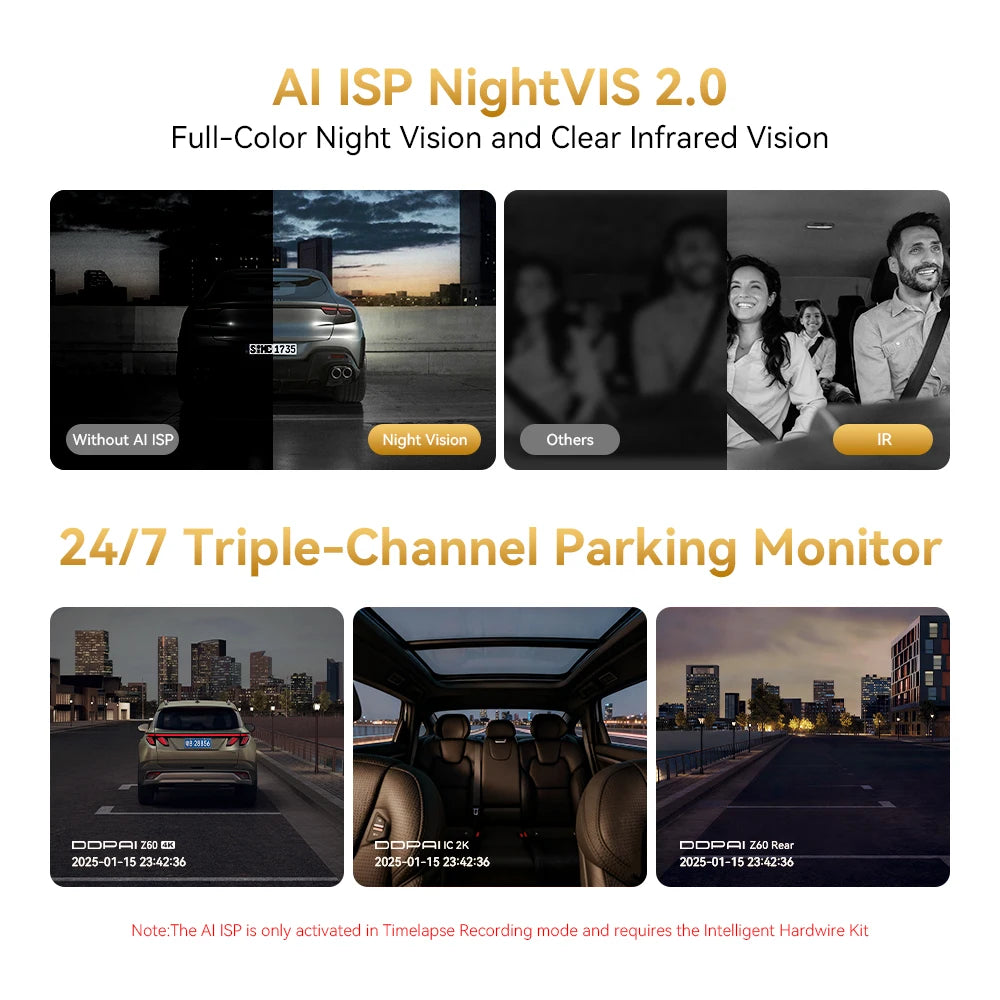 DDPAI Z60T Dash Cam 3-Channel HDR 4K+2K+1080P Front Rear Interior Night Vision 24H Parking Monitoring ADAS Dash Camera Car DVR