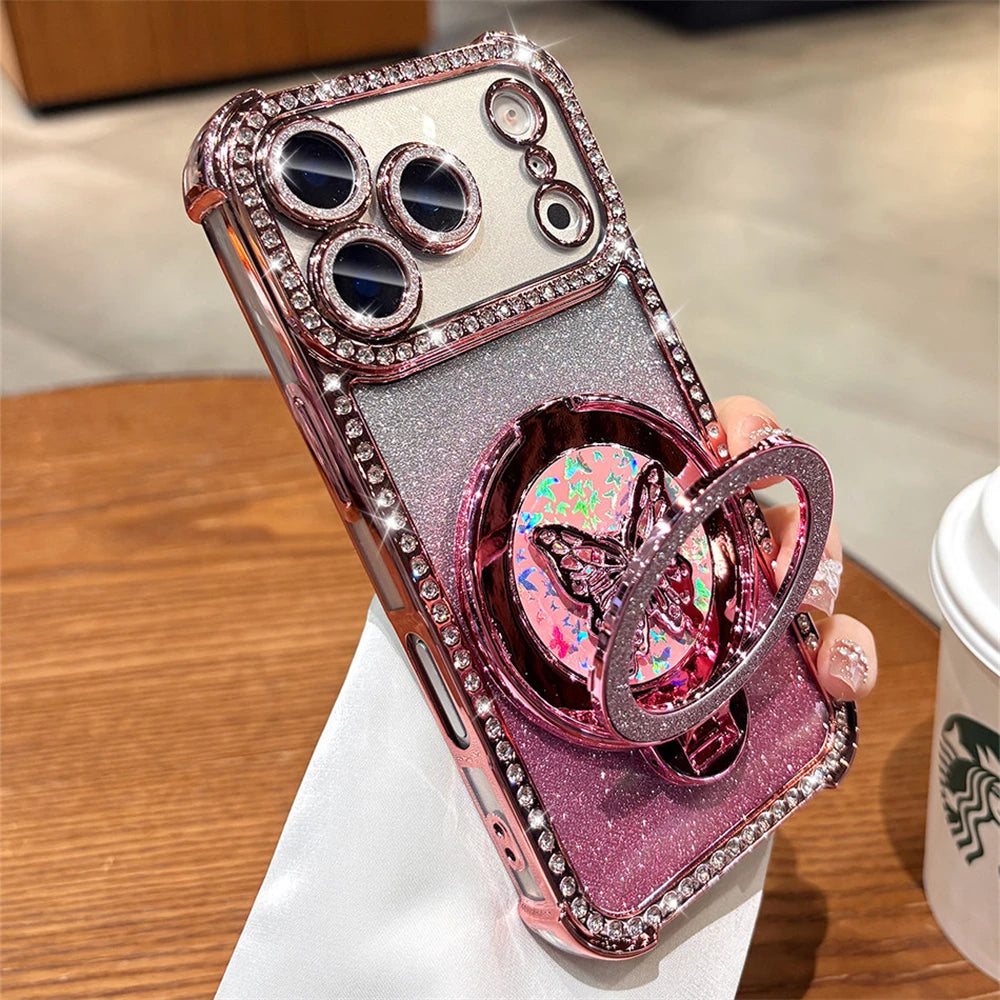 Rhinestone Lens Butterfly Bracket Glitter Phone Case for iPhone 17 16 Pro Max 15 14 13 Diamond Gradient Bling Shockproof Cover