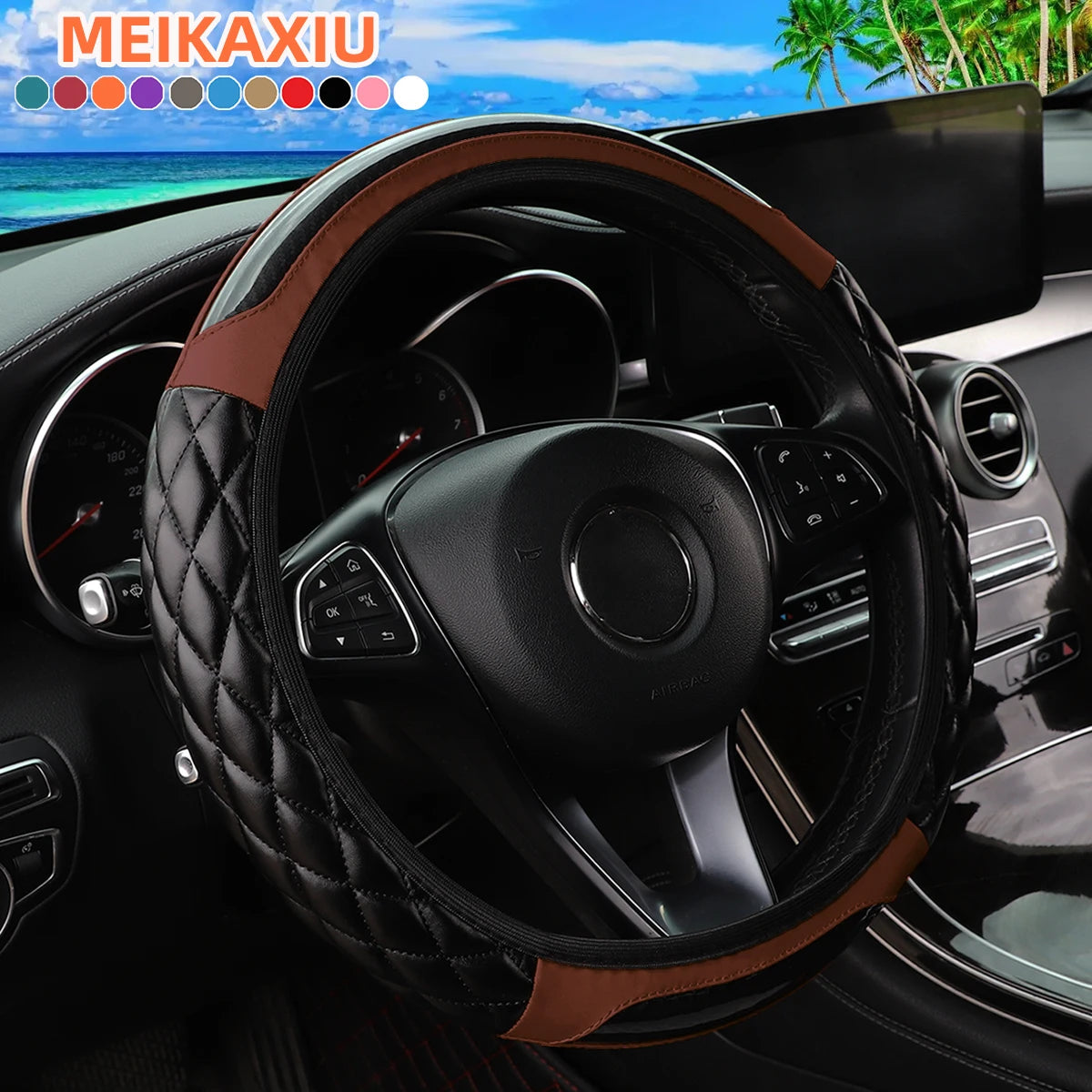 PU Soft Leather Crystal Carbon Fiber Embroidered Car Rimless Steering Wheel Cover for 14.5 - 15 Inch Car Interiors