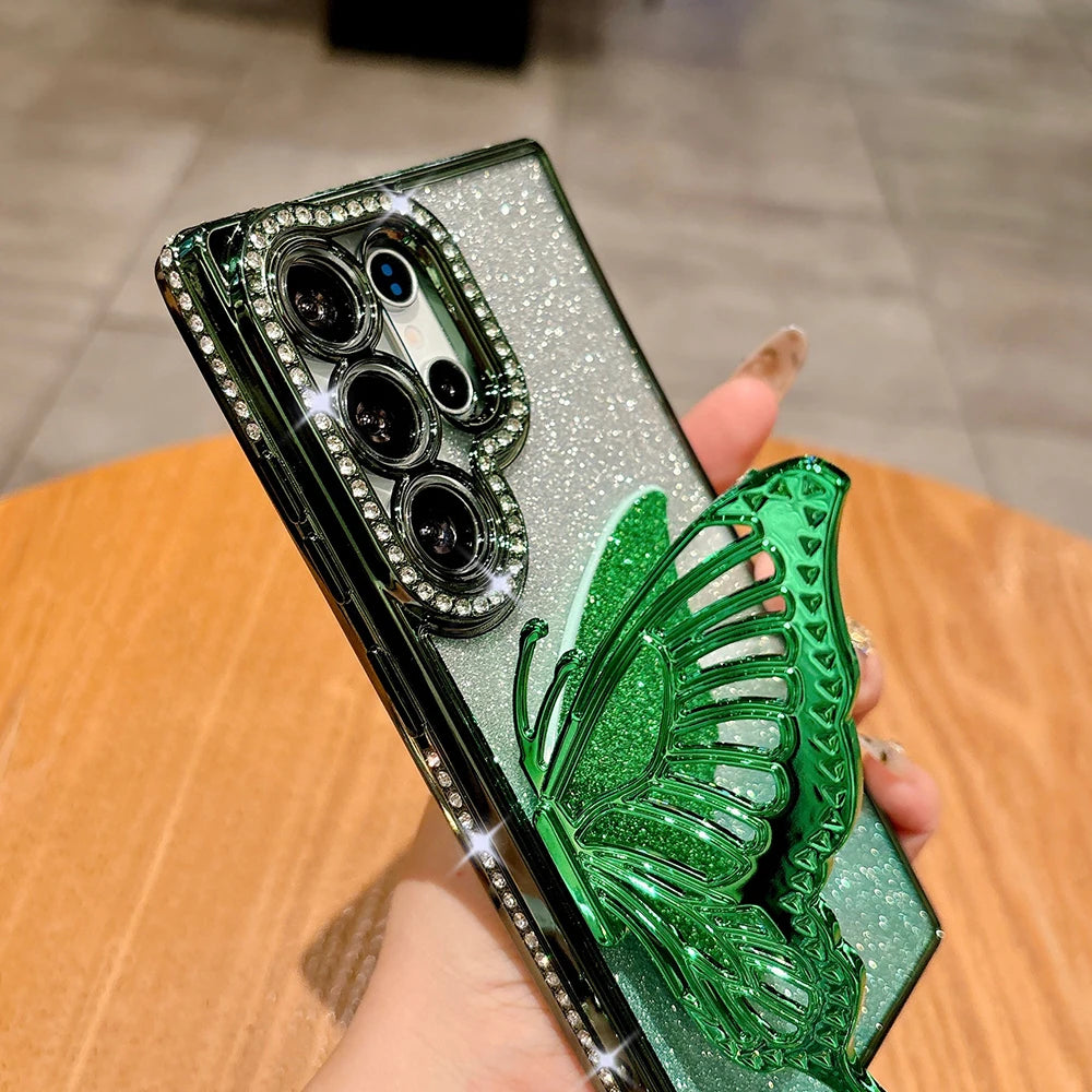 Jewelled Glitter Bling Butterfly Stand Holder Case For Samsung S25 Edge S24 S23 S26 Ultra S22 Plus A73 A54 A16 Shockproof Cover