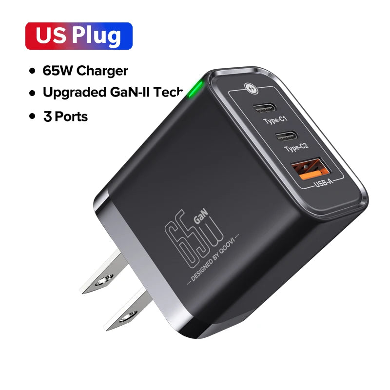 QOOVI 65W GaN Charger USB Type C Fast Charging Quick Charge 4.0 Adapter USB-C PD Charger For Samsung Xiaomi Macbook iPhone ipad Car Mobile World