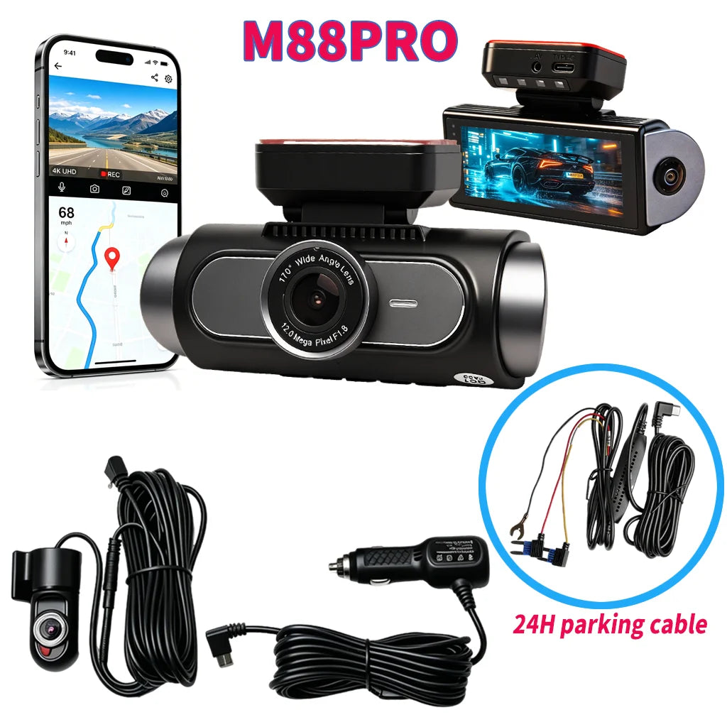 4K 4-CHs Dash Cam WiFi GPS, Front Rear Left Right Car Video Recorder, 24H Parking Monitoring Night Vision Dashcam Supercapacitor