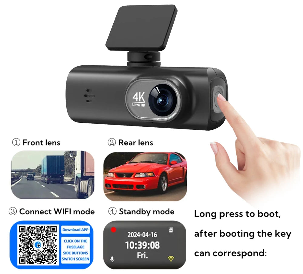 UHD 4K WiFi Dash Cam Dual Lens Driving Recorder Car DVR Optional 1080P Rear Lens Camera GPS 24H Parking Monitoring Black Box Car Mobile World