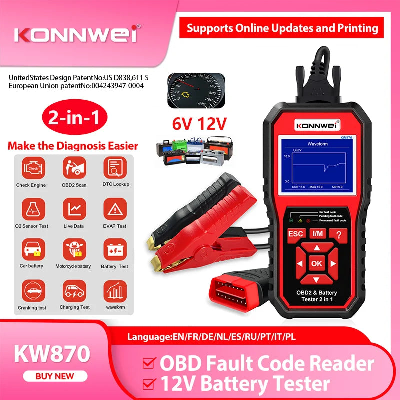2026 KONNWEI KW870 Car Moto Battery Tester 6V 12V OBD2 Professional Diagnostics Tool Scanner Cranking Charging Test Tools 2 In1