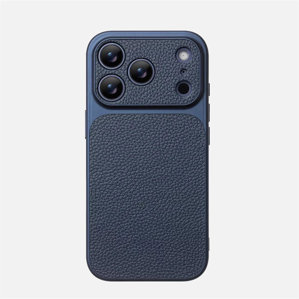 Luxury Lychee Texture Leather Matte Hard Case For iPhone 17 Pro Max 16 15 14 13 12 ProMax Full Lens Protection Back Cover Shell Car Mobile World