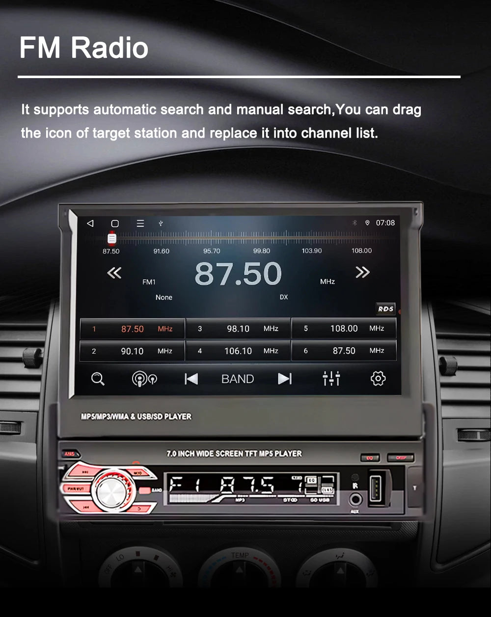 1 Din MP5 Player 7 Inch Carplay Android Auto Universal  Manual Automatic Retractable Touch Screen Car Player FM Radio CM World