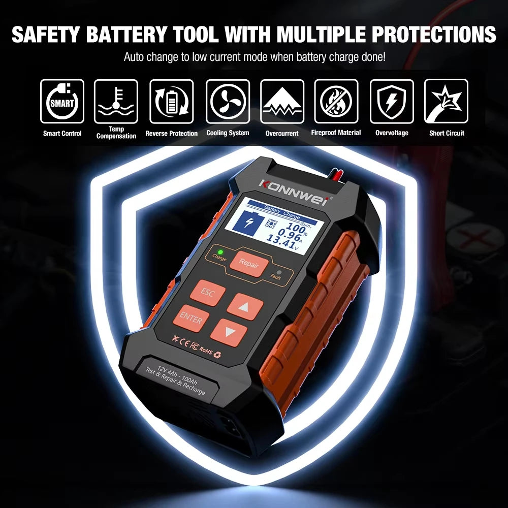 KONNWEI KW520 Car Battery Tester 12V 24V Battery Charger Lead Acid Car Battery Pulse Repair Tool AGM Gel Lithium Scanning Tool